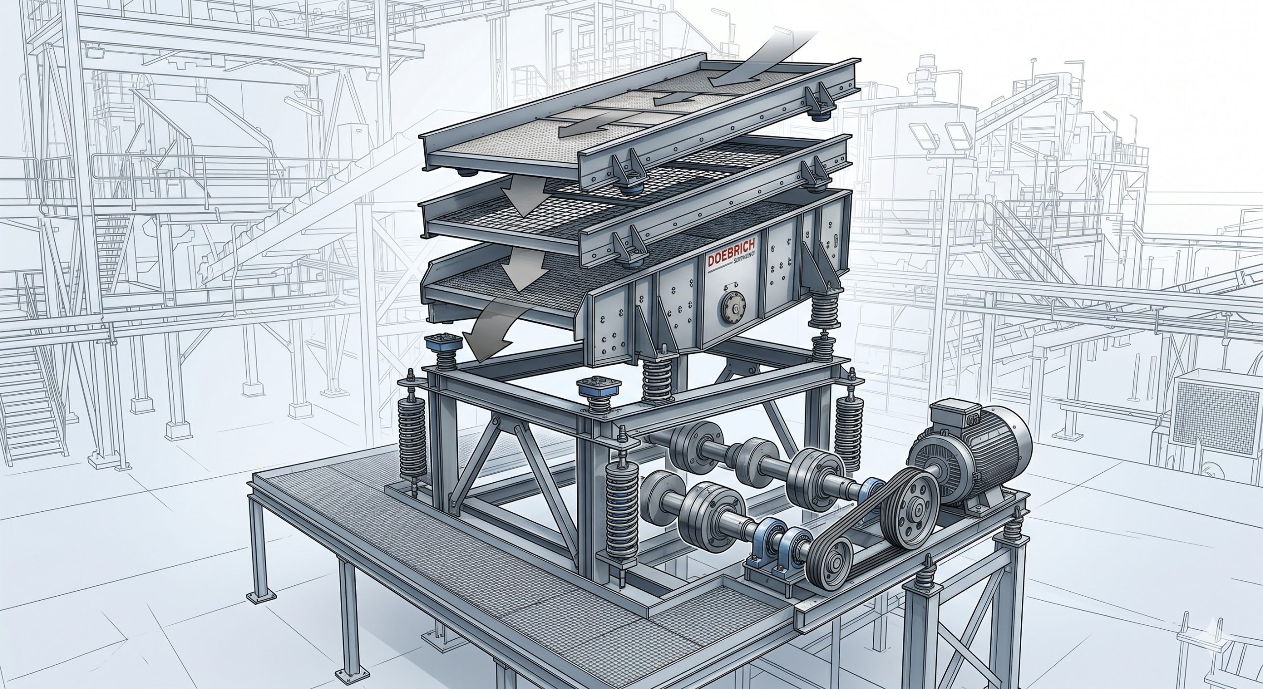 Horizontal Vibrating Screen, Doebritz Industrial Screener, High-Capacity 200 TPH / Vibration Isolation scenario 2
