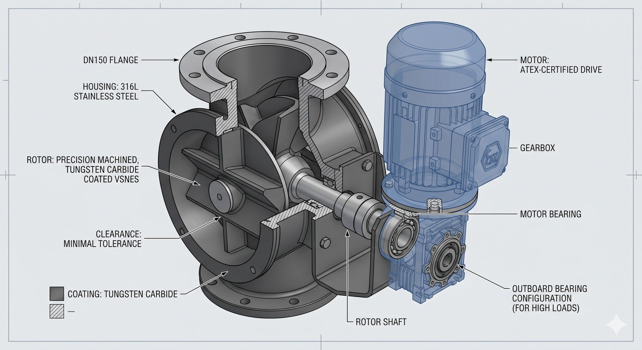 ATEX Zone 20/21 Compliant Valve: Doebritz Stainless Steel with Tungsten Carbide Coating Airlock Feeder | Certified Explosion Safety for Abrasive Powders - Image 3