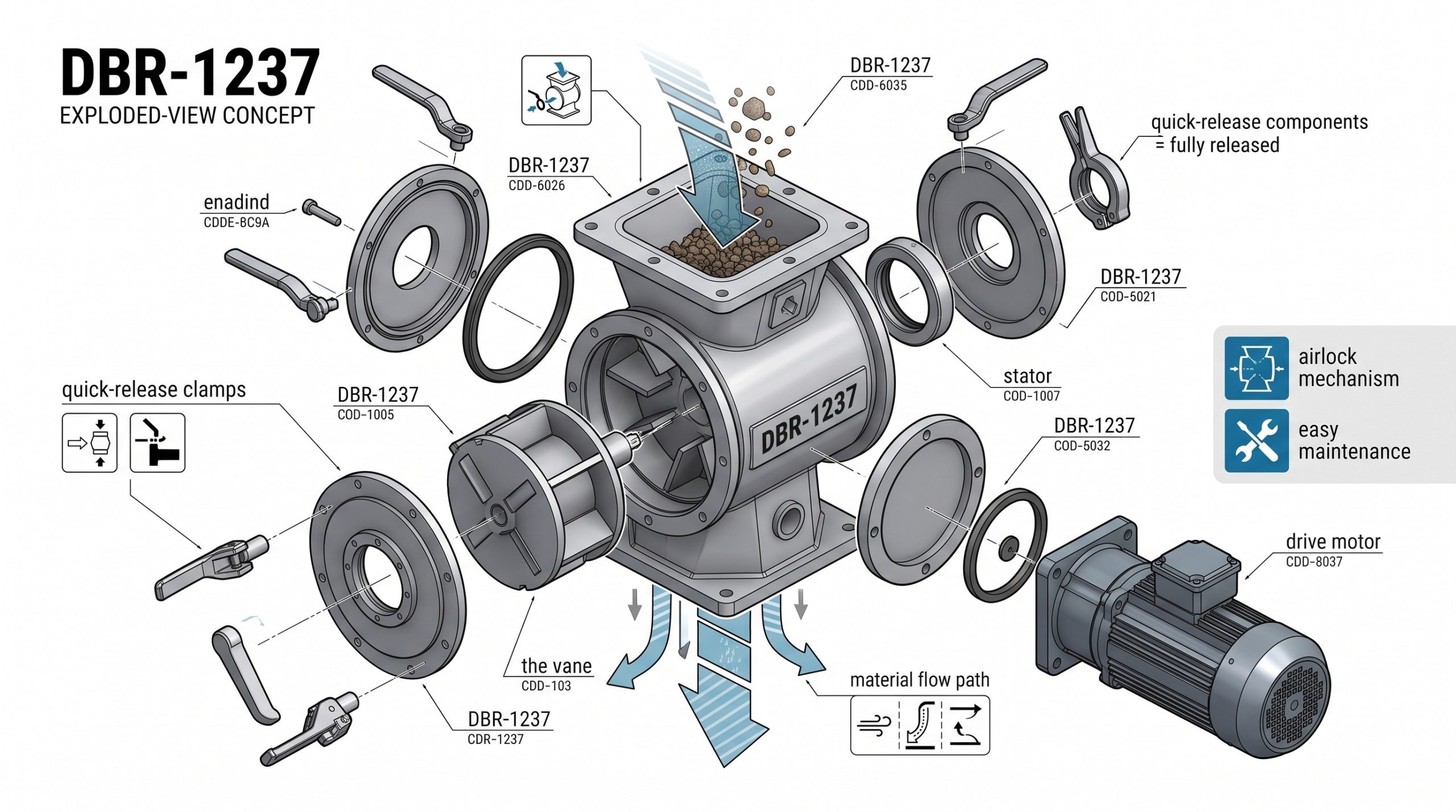 Quick-Clean Demountable Valve: Doebritz DBR-1237 Gravity Rotary Valve | Sanitary Processing Standard scenario 2